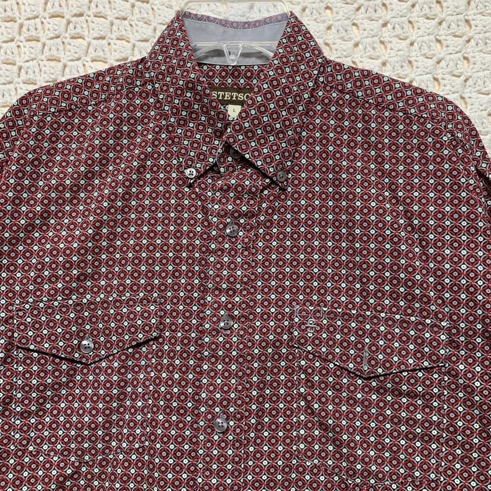 Stetson Western Rodeo Shirt‎ Men's L Marrón Button Down Long Sleeve 100%Cotton